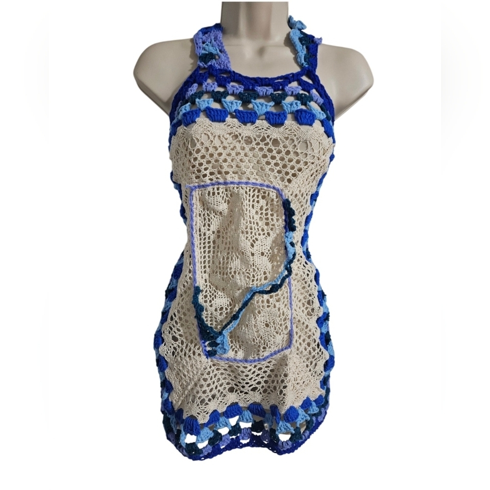 Handmade Crochet Halter Top Granny Square Corset back Floral detail Blue Summer